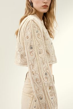 H&M - Women Beige Embroidered Canvas Blazer