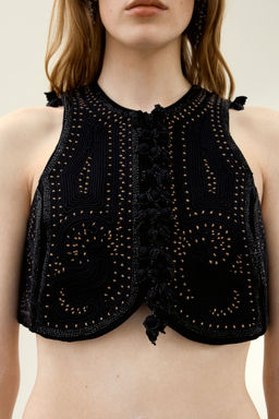 H&M - Women Black Embroidered Canvas Waistcoat