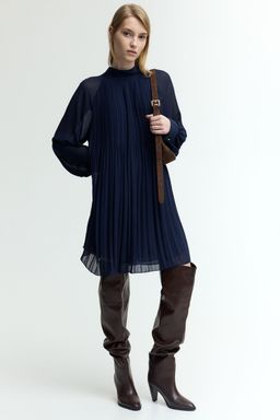 H&M - Women Blue Pleated Chiffon Dress