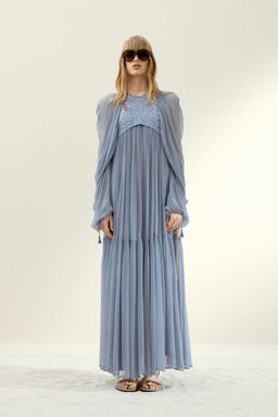 H&M - Women Blue Rhinestone-Embellished Chiffon Dress