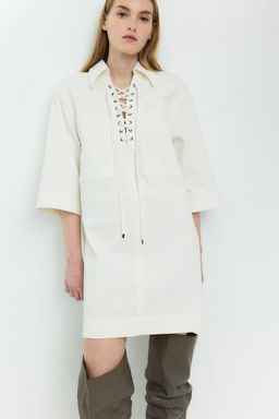 H&M - Women White Lace-Up Denim Dress