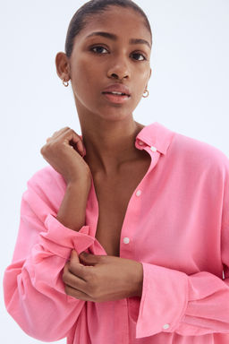 H&M - Women Pink Oversized Linen-Blend Shirt