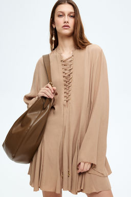 H&M - Women Beige Flared-Skirt Lacing-Detail Dress