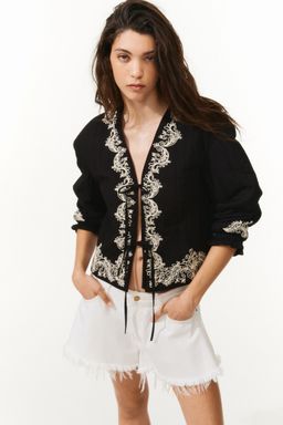 H&M - Women Black Tie-Front Embroidered Jacket