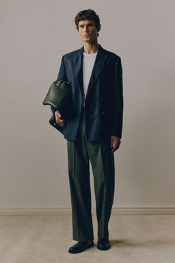 H&M - Men Blue Relaxed Fit Double-Breasted Linen-Blend Jacket