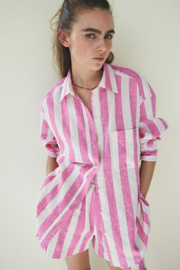 H&M - Women Pink Oversized Linen-Blend Shirt