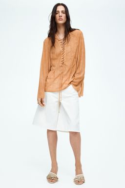 H&M - Women Beige Lacing-Detail Chiffon Blouse