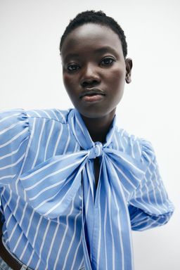 H&M - Women Blue Bow-Collar Poplin Blouse