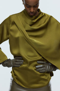 H&M - Women Green Shawl-Detail Satin Blouse