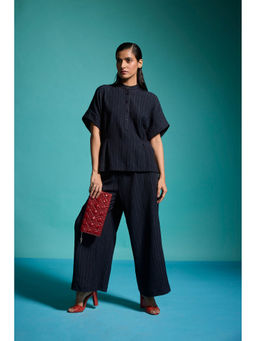 dash and dot - Navy Blue Textured Structured Shirt with Pant (Set of 2)