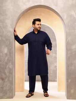 SOJANYA - Men Soft Cotton Blend Solid Navy Blue Pathani Kurta with Pyjama