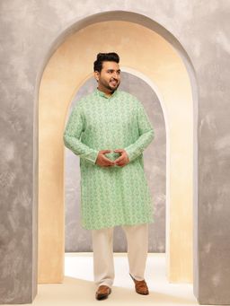 SOJANYA - Men Cotton Linen Printed Green Kurta With Pyjama