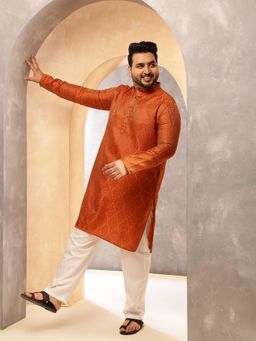 SOJANYA - Men Jacquard Silk Orange Kurta with Pyjama
