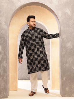 SOJANYA - Men Printed Cotton Black Kurta with Pyjama