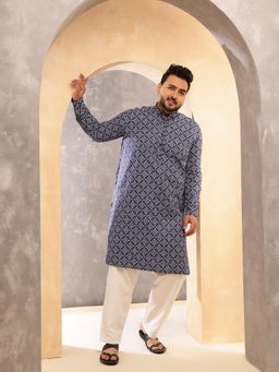 SOJANYA - Men Printed Cotton Blend Navy Blue Kurta with Pyjama