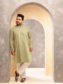 SOJANYA - Men Printed Cotton Blend Green Kurta with Pyjama