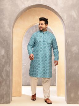 SOJANYA - Men Printed Cotton Blend Blue Kurta with Pyjama