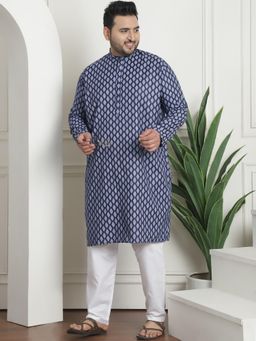 SOJANYA - Men Cotton Blend Printed Navy Blue Kurta with Pyjama
