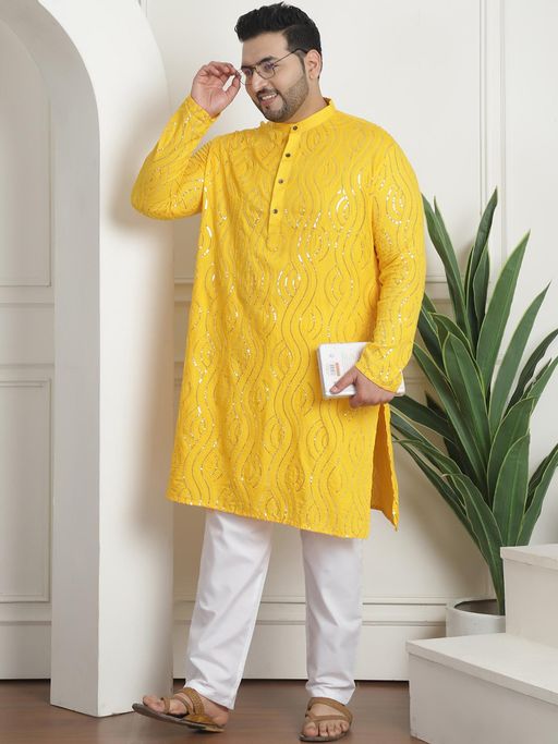 SOJANYA Men Pure Cotton Designer Yellow Kurta with Pyjama
