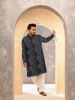 SOJANYA - Men Cotton Blend Printed Navy Blue Kurta With Pyjama