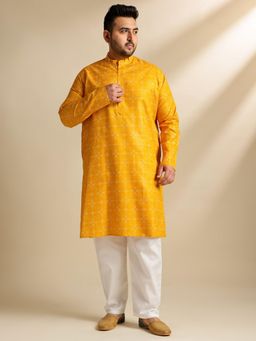 SOJANYA - Men Cotton Linen Printed Yellow Kurta With Pyjama