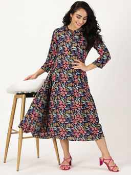 Saffron Threads - Blue Tropical Print Midi Dress with Side Gathers