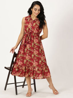 Saffron Threads - Maroon Vintage Floral Print Shirt Collar Dress with Waist Belt