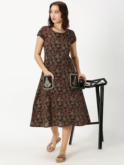 Saffron Threads - Black Ethnic Floral Print Dress with Embroidered Patch Pockets