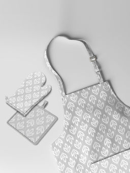 BIANCA - Grey Printed Cotton Apron with Oven Mitt & Pot Holder (M)