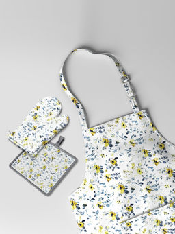 BIANCA - White Printed Cotton Apron with Oven Mitt & Pot Holder (M)
