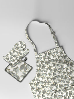 BIANCA - Grey Printed Cotton Apron with Oven Mitt & Pot Holder (M)