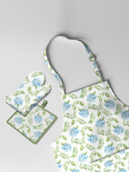 BIANCA - White Printed Cotton Apron with Oven Mitt & Pot Holder (M)