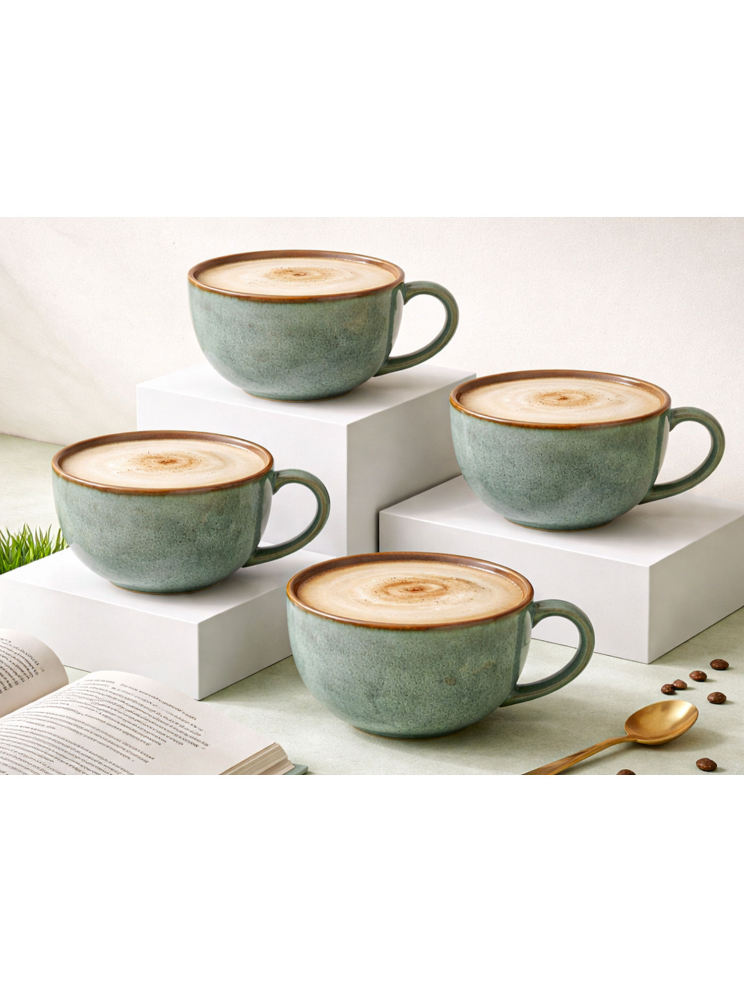 BODHI HOUSE Green Premium Handcrafted Coffee Mugs (Pack of 4)