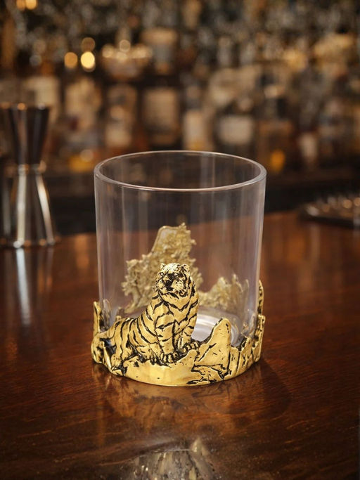 Smokey Cocktail Gold Tiger Metal Animal Whiskey Glasses (Pack of 2)