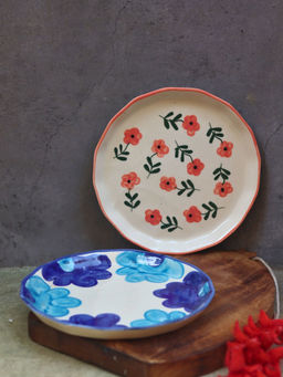 WEAVING HOMES - Multi-Color Blue Floral & Poppy Flower Snack Plates (Pack of 2)