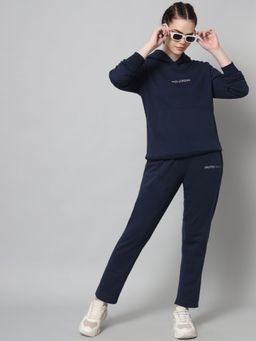 Griffel - Women Basic Solid Regular Fit Navy Blue Hoody Neck Tracksuit (Set of 2)