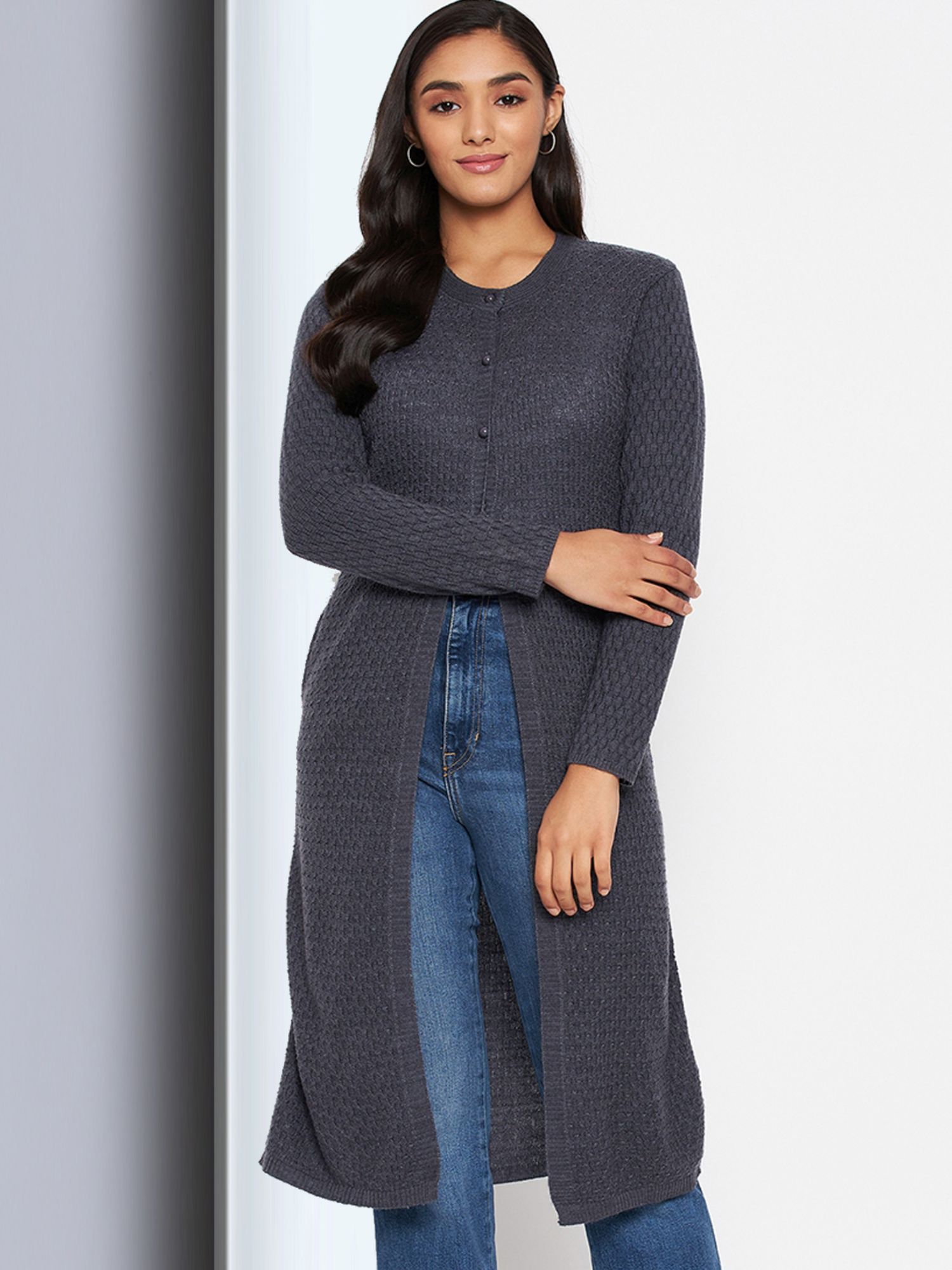 Womens Wool Blend Medium Grey Full Sleeve Solid Self Design Round Neck Cardigan-image-43
