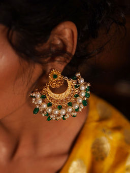 ZARIIN - Green White Miniature Pearls Handcrafted Dangler Earrings