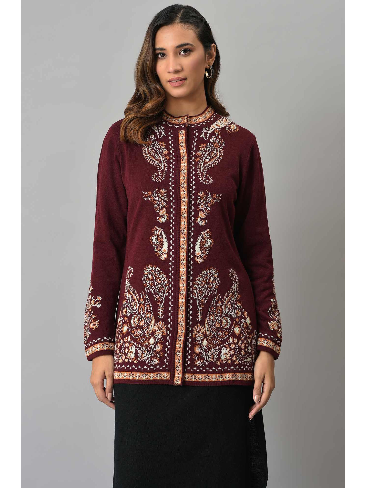 Maroon Paisley Printed Short Cardigan-picture-11