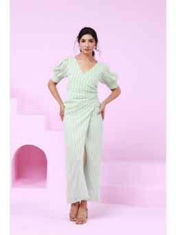 Moonstruck - Green Stripped Straight Fit Waist Gathered Maxi Dress