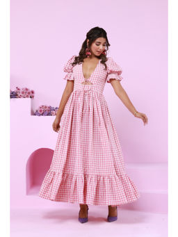 Moonstruck - Pink Checks Front Waist Cut-Out Maxi Dress