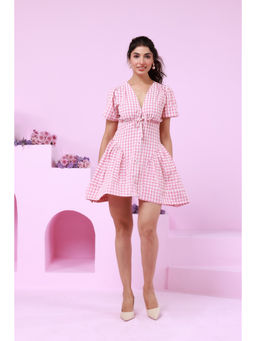 Moonstruck - Baby Pink Checkered Side Gathered Short Dress