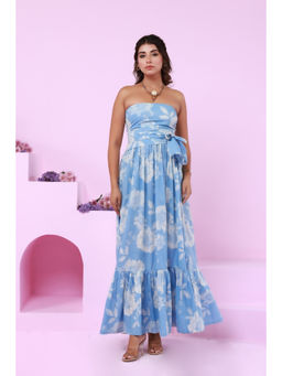 Moonstruck - Blue Floral Print Tube Maxi Dress with Belt (Set of 2)