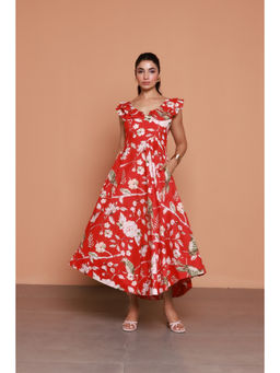 Moonstruck - Red Contrast Floral Print Midi Dress