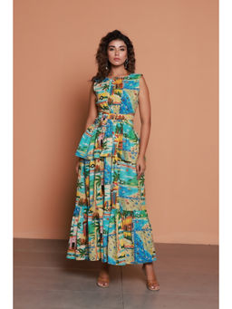 Moonstruck - Multi-Color Aloha Beach Print Waist Cut-Out Peplum Maxi Dress
