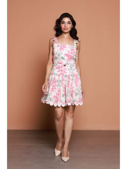 Moonstruck - White Scallop Straps Fit Flare Floral Print Dress with Belt (Set of 2)