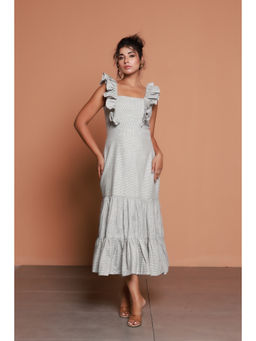 Moonstruck - Grey Thin Stripped Princess Ruffle Sleeveless Midi Dress