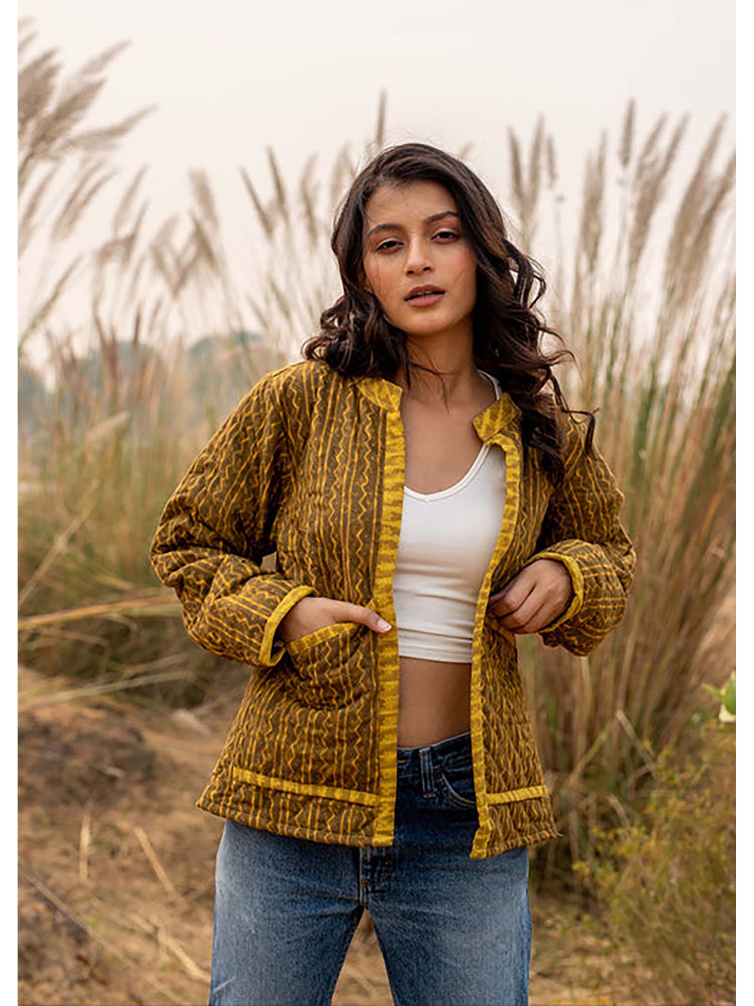 Pullis - Mustard Quilted Patchwork Jacket-image-6