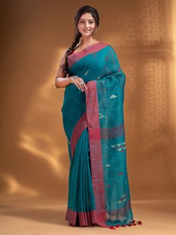 Arhi - Teal Linen Handwoven Soft Saree with Texture Design