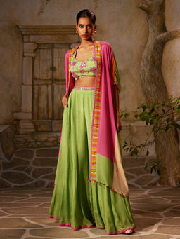 Basil Leaf - Green Mint Ethnic Cape with Blouse and Palazzo (Set of 3)